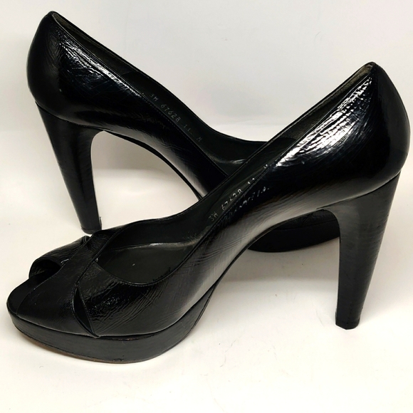Stuart Weitzman 4.75" Black Patent Leather Heels Open Toe 1" Platform - Picture 4 of 9